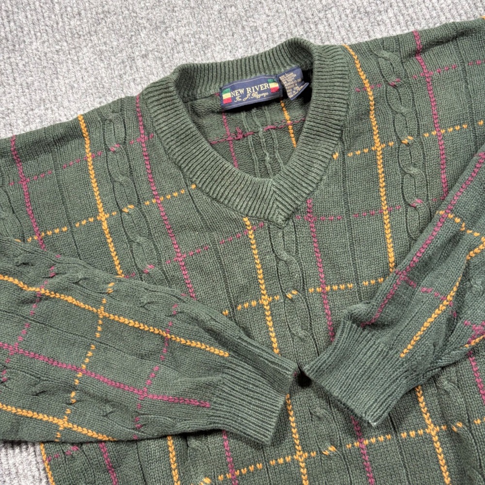 New River J Sweater Mens L Riggins Green Cable Knit V-Neck Plaid Ramie Cotton